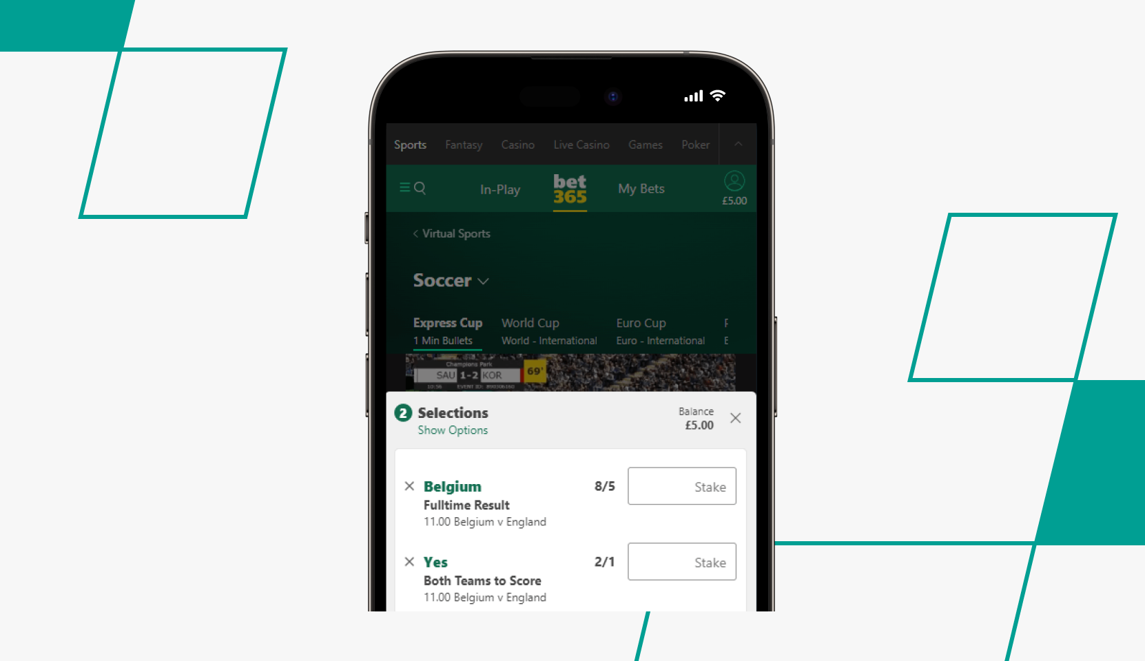 desktop Screenshot of bet365 Bet Slip Including Virtual Football Odds