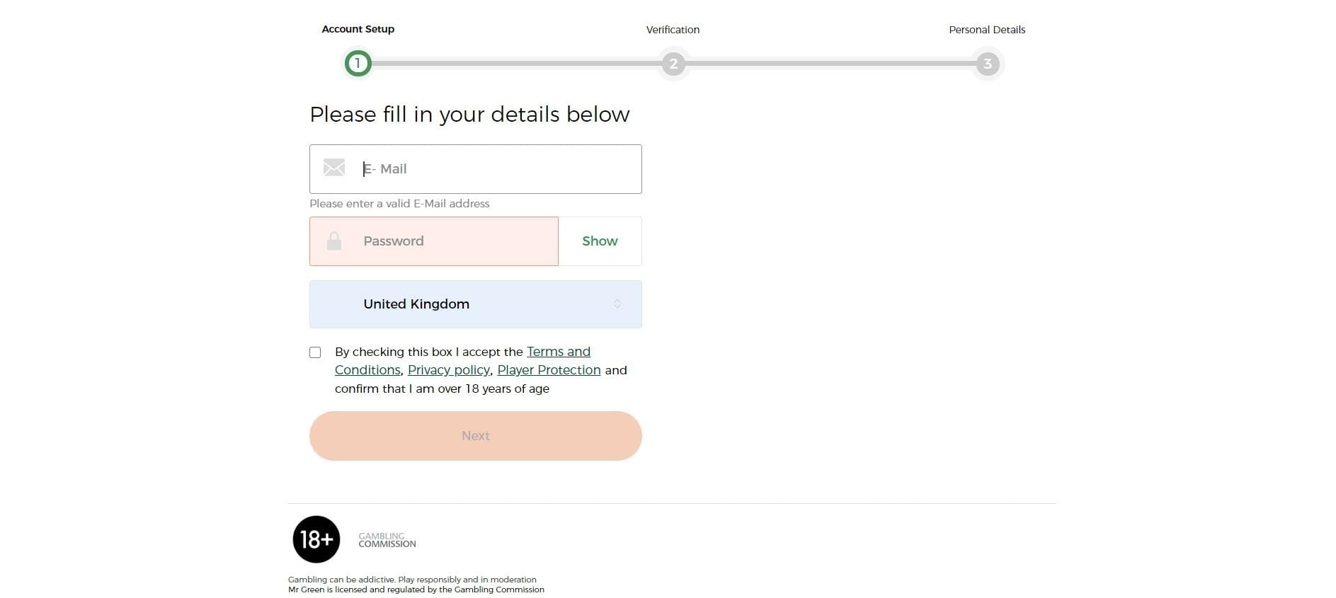 Mr Green Registration Form for Email and password