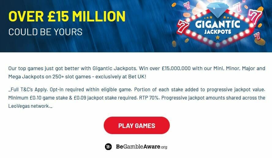 Bet UK Gigantic Jackpots promotion screenshot