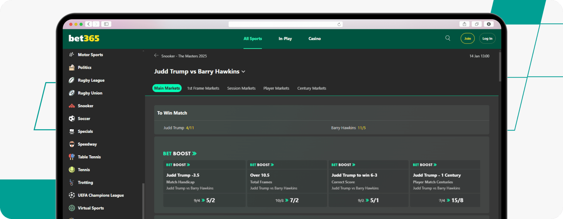 screenshot of bet365's german masters snooker odds