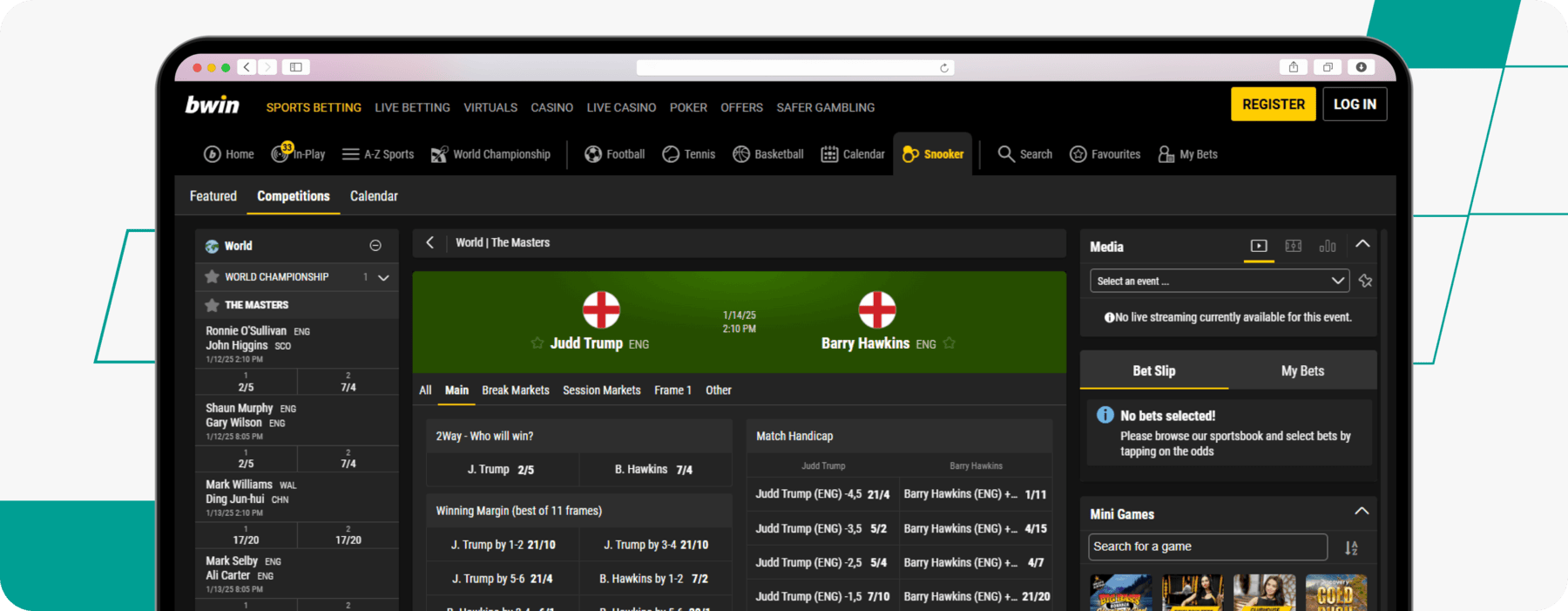 screenshot of bwin's german masters snooker odds