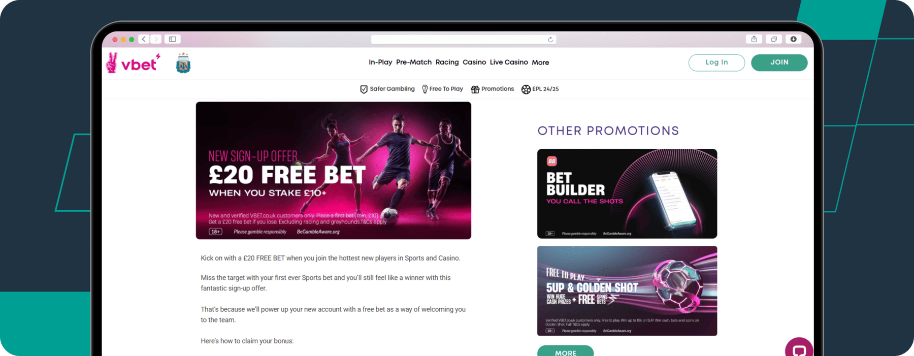 screenshot of vbet sports welcome offer